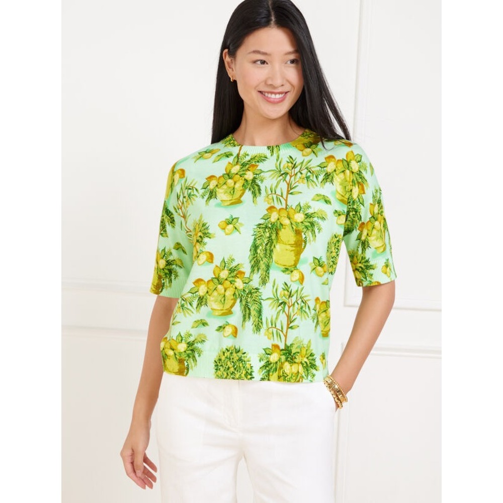 Talbots Elbow Sleeve Pullover Top Lemon Trees Size Large Cotton Tencel Lyocell